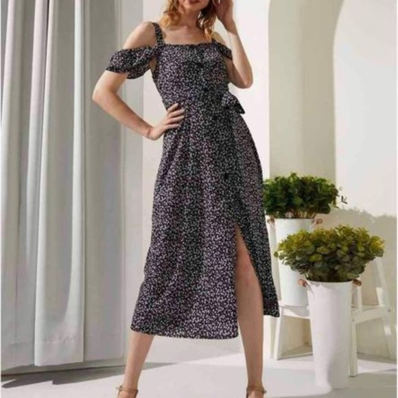 NWT Black and White Floral Cutout Button-Front Slit Midi Dress - Women - Picture 1 of 1